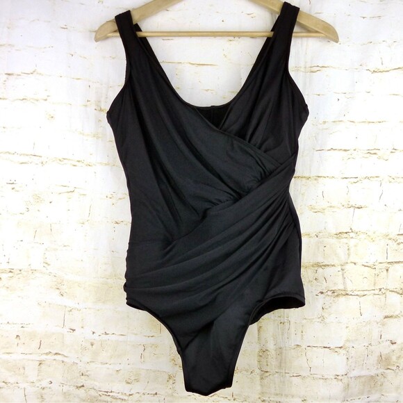 Miraclesuit Oceanus Swimsuit 18W Black One Piece Surplice Ruched 74488W $180 - Picture 3 of 15